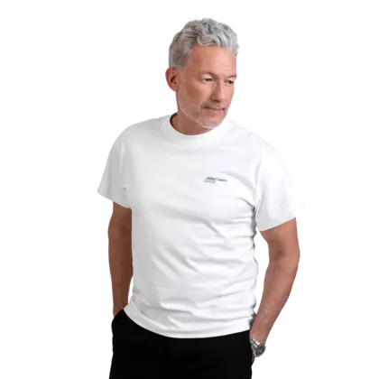 man wearing white tshirt with atlas copco group logo