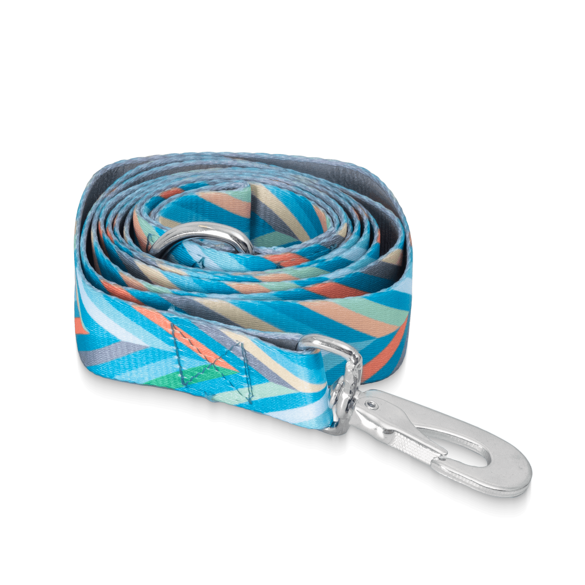 multi color dog leash with pattern on one side and reflective fabric on the other side