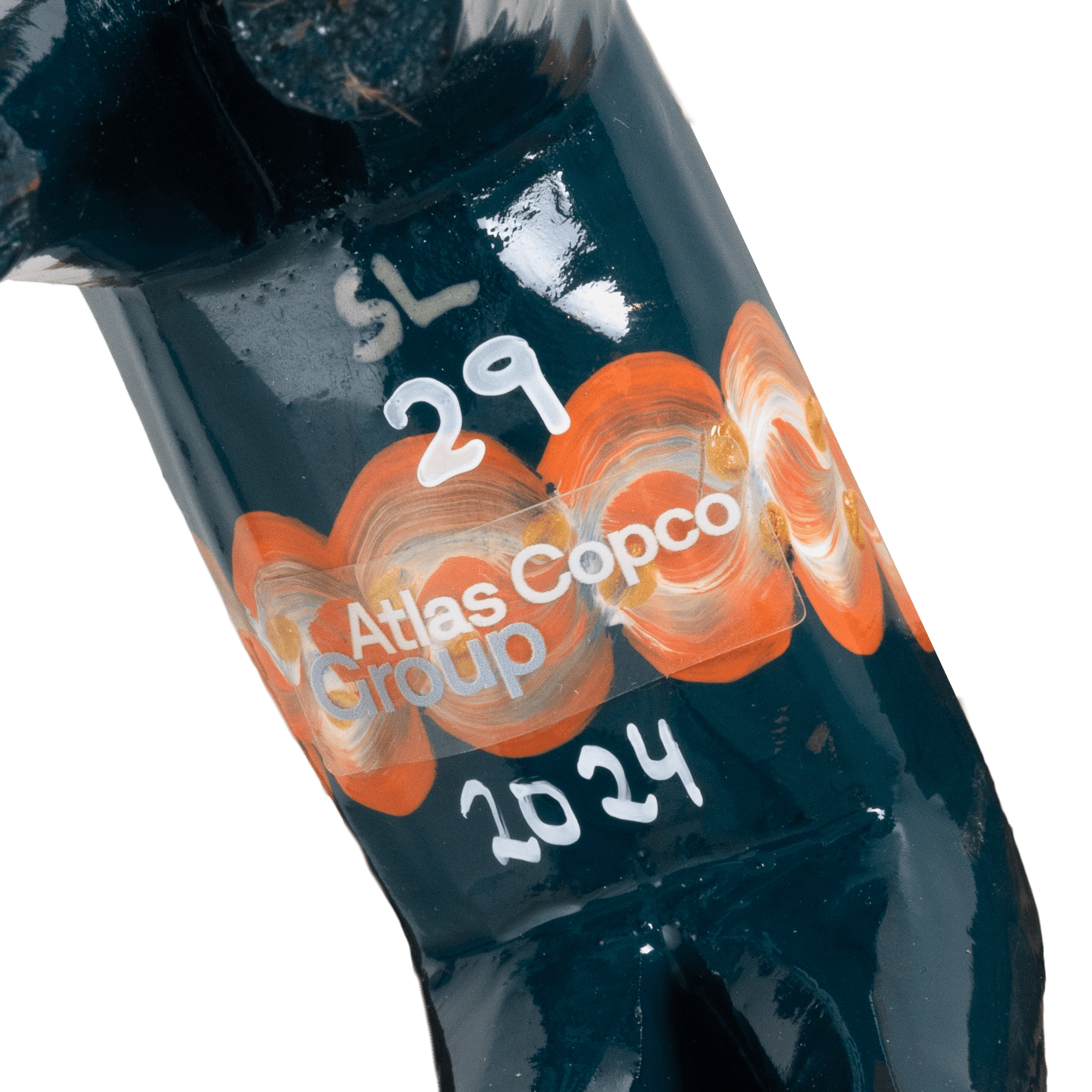 dalecarlia horse with atlas copco group colors close up on atlas copco group logo