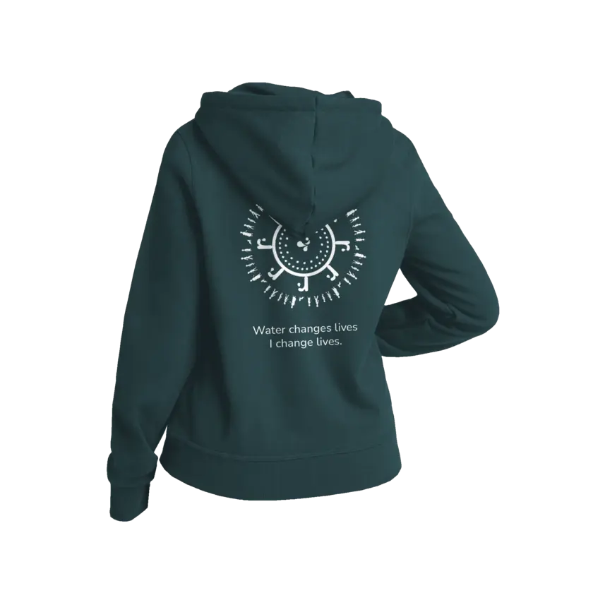 teal atlas copco group hoodie with water for all logo on the back