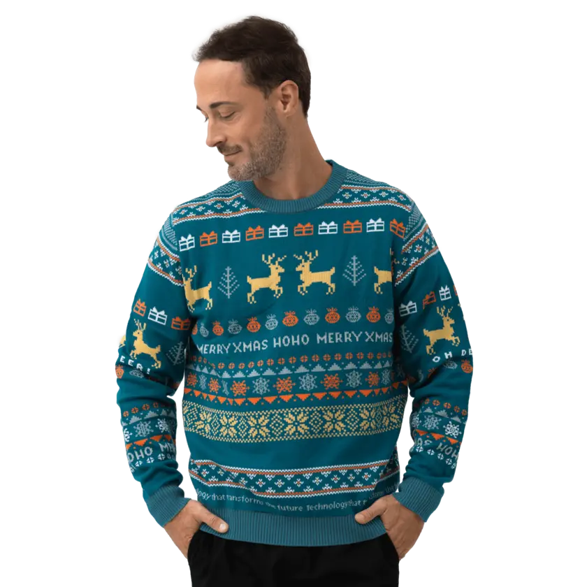christmas sweater on male model with atlas copco group colors