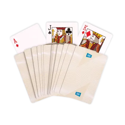 beige deck of cards with atlas copco logo