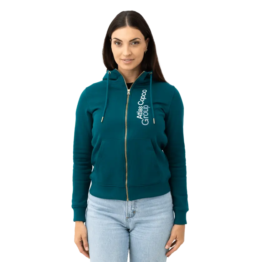 teal atlas copco group hoodie with white vertical logo