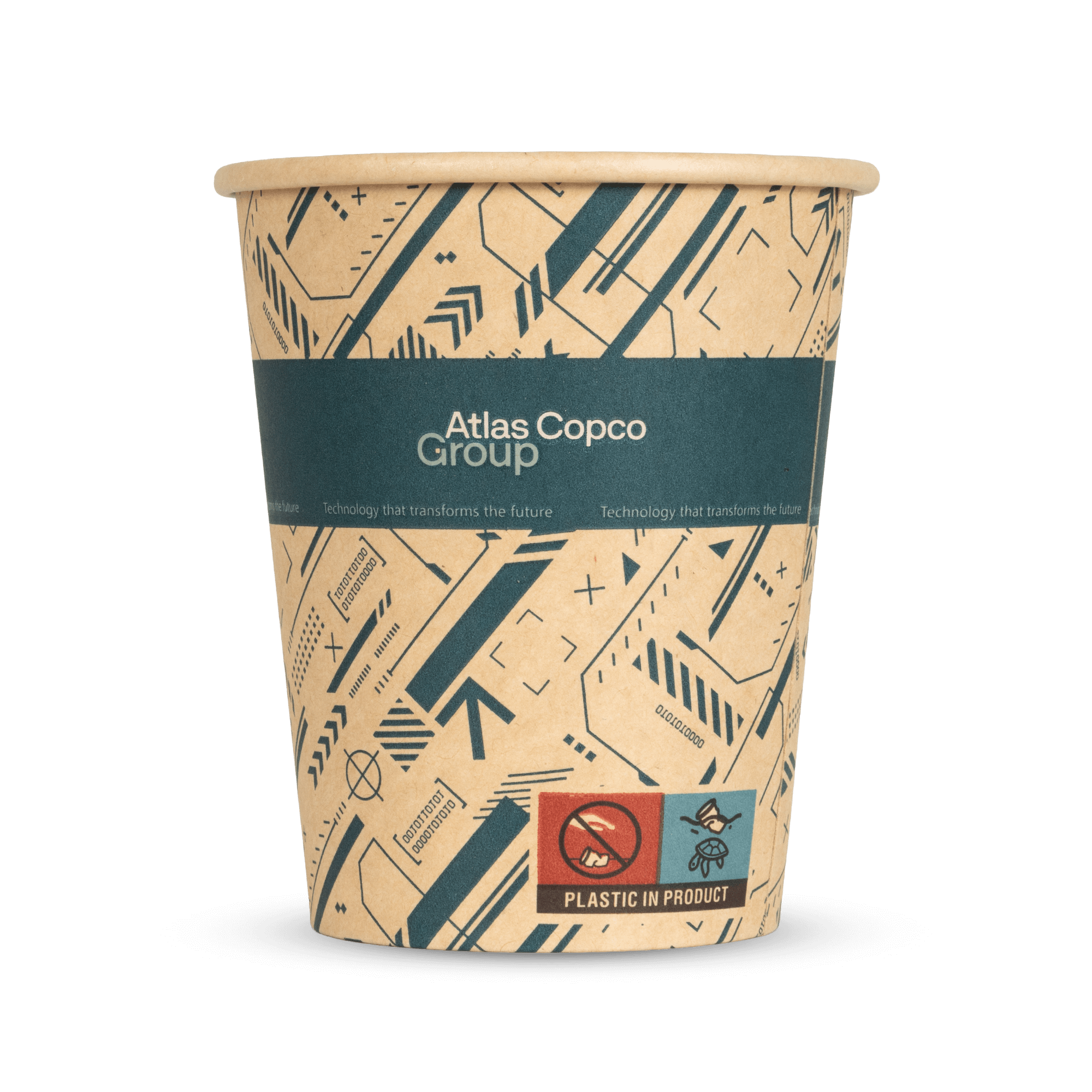 atlas copco group paper cups with teal pattern
